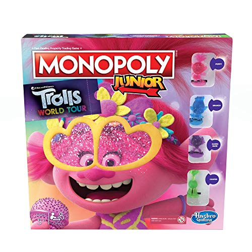 Juego de Mesa Monopoly Junior, DreamWorks Trolls World Tour Edition para niños de 5 años en adelante